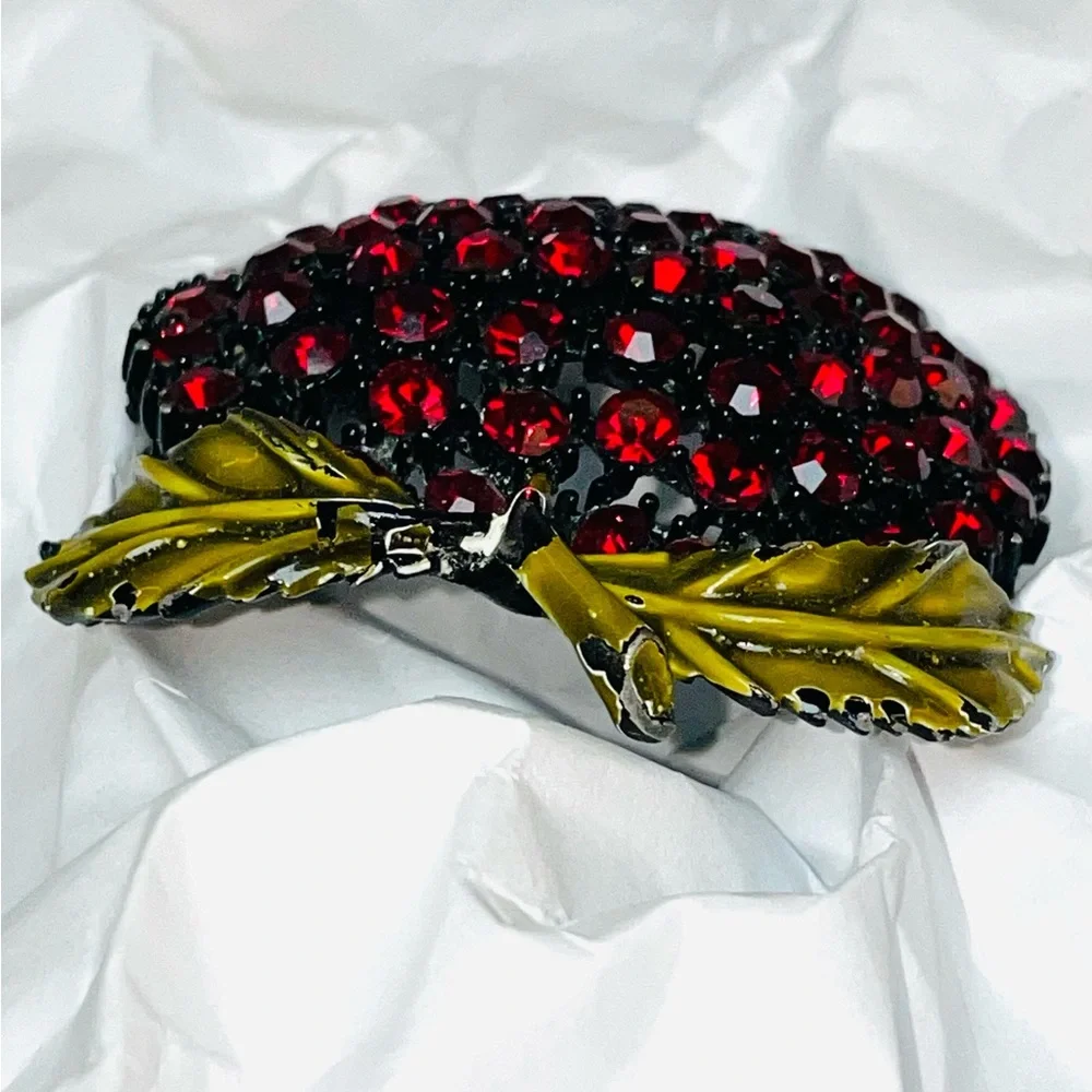 Weiss Red Rhinestone Apple Brooch Pin, Japanned Black Setting, Enamel Leaves